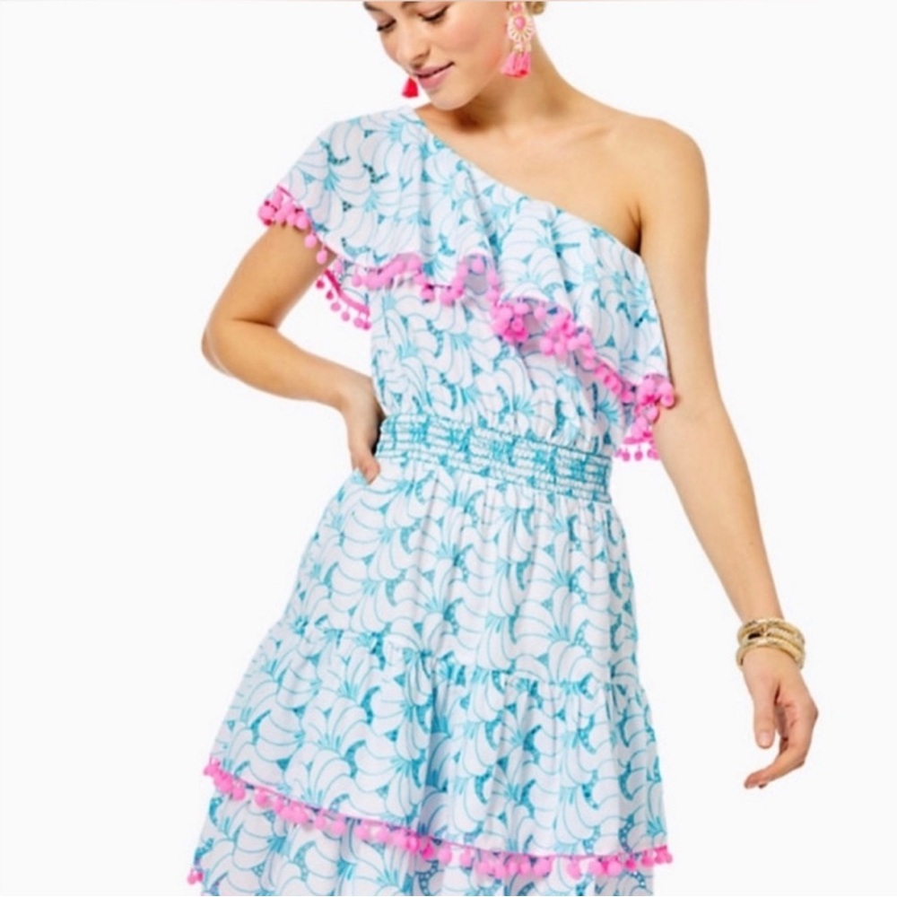 NWT Lilly Pulitzer Blue and Pink One-Shoulder Dress